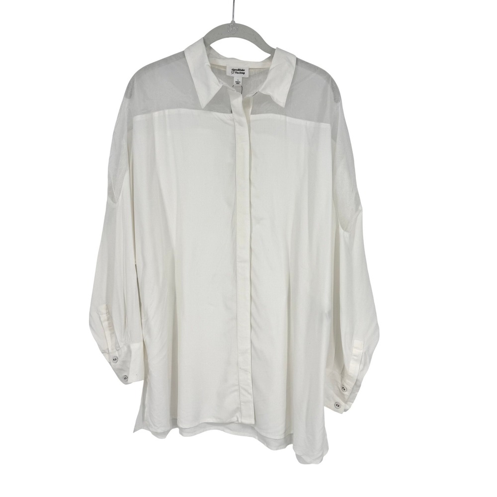 The Drop White Button Down Shirt Womens Large Organza Yoke Viscose NWT